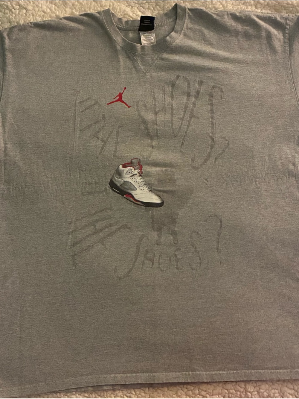 Vintage Nike Gray Graphic Tee Featuring Red and White Jordan 5 Sneakers